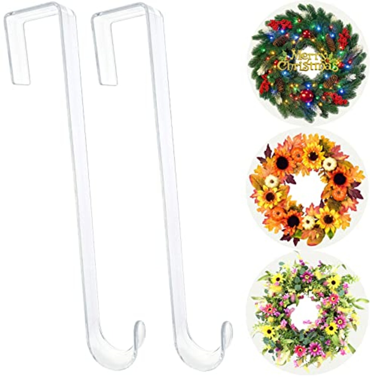 Wreath Hanger,12” Clear Wreath Hooks for Front Door,2 Pack Over the Door Easter Christmas Decoration Hangers Fall Halloween Wreaths holder,Non Scratch Wreath Hangers for Front Door Décor Welcome Sign